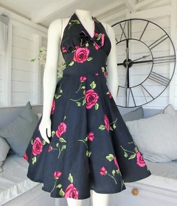 Voodoo Vixen Black Floral Halterneck Dress M 10 Rockability 50's Fit & Flare - Picture 1 of 8