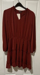 BTFBM Women Faux Wrap Swiss Dot V-Neck Dress Wine Red Size- Large - Picture 1 of 9