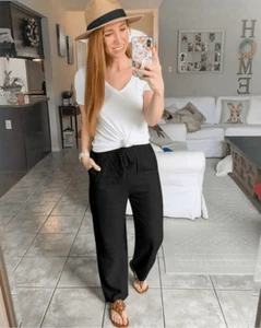 NWT Womens Meomua Navy Blue Linen Drawstring Casual Cropped Capri Pants - Sz S - Picture 1 of 4