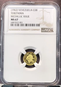 1962 VENEZUELA GOLD 5 BOLIVARES CHIEF TEREPAIMA NGC MS 67 RARE GEM TOP POP 1 - Picture 1 of 3