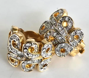 Vintage Pave klar Strass Schnörkel goldfarben kleine Halb Creolen Clip Ohrringe 5/8" - Bild 1 von 8