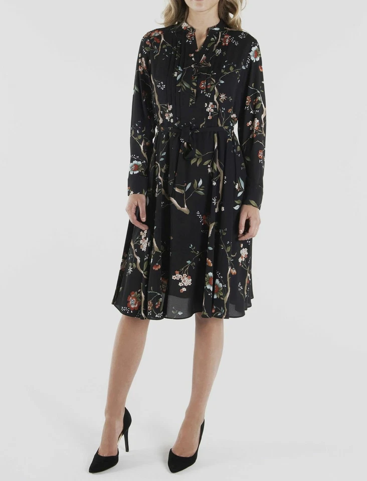 Nanette Lepore Women's Black Floral Sash Belt Pintuck Shirtdress Size 2