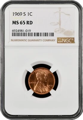 1969 S Lincoln cent graded by NGC MS 65 RD - Image 1 of 2
