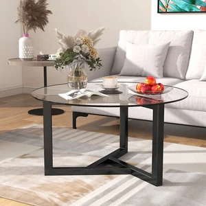 35" Modern Glass Coffee Table, Tempered Glass & Solid Wood Base, Round Design - Picture 1 of 39