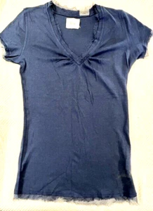 Linq Marineblau Seidenborte V-Ausschnitt kurzärmeliger Strick T-Shirt Oberteil Baumwolle modal klein - Bild 1 von 3
