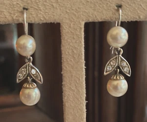 Antique 14k White Gold Pearl & Diamond Pierced Drop Dangle Earrings - Picture 1 of 5