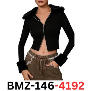 Verdusa Womens Zip Up Long Sleeve Fleece Collar Knitted Cropped Sweatshirt Blk L - Picture 1 of 6