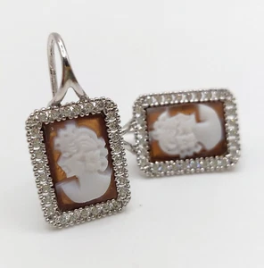 Cameo earrings, lady face, sterling silver, handmade, zircon - Picture 1 of 7