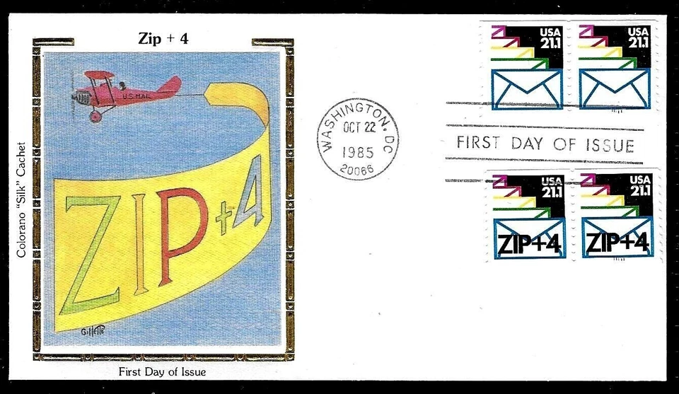 2150 + 2150a 21.1c Stamp (1985) THE ZIP AND ZIP+4 FDC - COLORANO - PLATE NUMBERS - Image 1 of 1