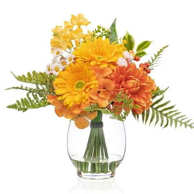 Flores falsas en florero con agua falsa, dalia de seda sintética realista y gerbera da... Foto 1 de 4