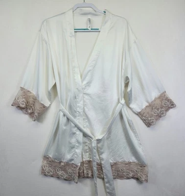 Bata Flora Nikrooz para mujer L blanca satinada encaje ribete ropa de dormir nupcial atemporal elegante Foto 1 de 4