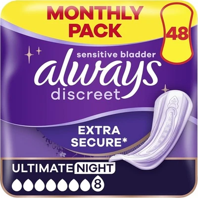 BRANDED 48-Count Always Discreet Incontinence Pads Plus Women Ultimate Night Heavy Leak
