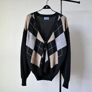 Cárdigan vintage Royal Ballater puro cachemir argyle, gris, hecho en Escocia, L - Imagen 1 de 11