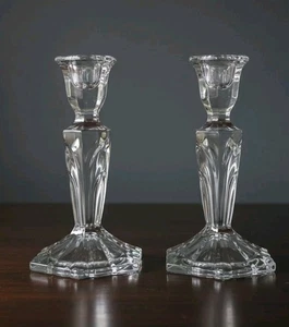 ​Pair Vintage Crystal Glass Candlestick Holders 7" Fluted Stem Hexagon  - Picture 1 of 9