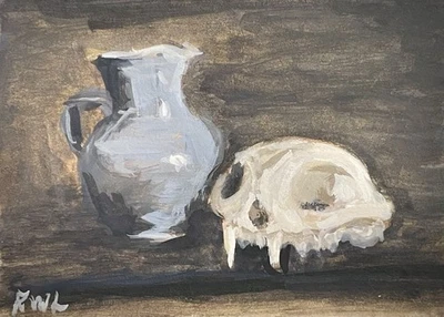 ACEO 原创绘画静物头骨和花瓶研究 2.5x3.5 英寸水粉独一无二 — 第 1/4 张图片