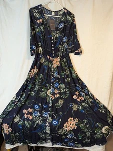 Milumia Women's Dress Floral Blue Button down Viscose Dress With Tassles Medium - Picture 1 of 6