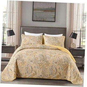Yellow Paisley Quilt Set Full Size - 3 Pieces Boho Paisley Quilt Bedspread - Picture 1 of 8