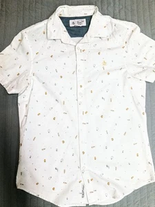 Mens Penguin Button Up Shirt Casual Short Sleeve White Print S/M Excellent Cond - Picture 1 of 10