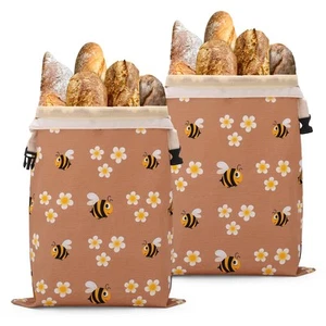 2 Confezioni Sacchetti Pane Riutilizzabili in Cotone Cera d'Api con Motivi Api e Fiori,Grande... - Foto 1 di 6