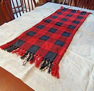 Buffalo Check Black Red Table Runner Fringe on Ends Cotton India 37.5"x14.25" - Picture 1 of 4