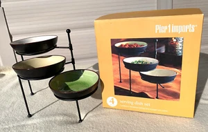 PIER 1 IMPORTS STONEWARE 3 SERVING DISH SET W/WROUGHT IRON STAND - Picture 1 of 4