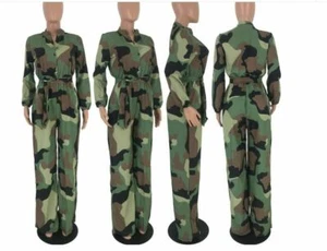 Women Camouflage Print Long Sleeve Button Turn Down Straight Sashes Jumpsuit R11 - Picture 1 of 3
