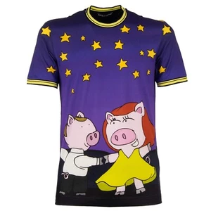 DOLCE & GABBANA Pigs Stars Printed Cotton T-Shirt with Logo Purple Black 11069 - Picture 1 of 5