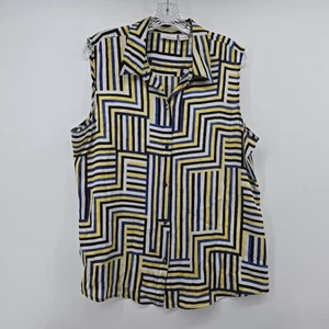 Liz Claiborne Large Button Down Collared Tank Blouse Geometric Stripe Colorful - Picture 1 of 17