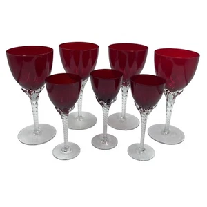 Vintage 7 x Ruby Red Wine & Sherry GlassesTwisted Stems 1960s Cut Glass - Picture 1 of 3