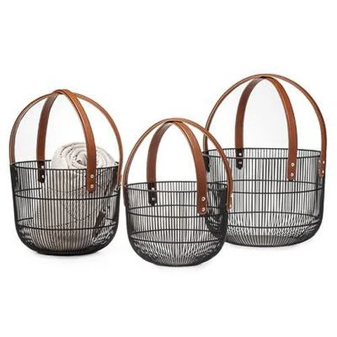 Torre & Tagus Mission Wire Faux Leather Handle Baskets - Set of 3, Black Cover