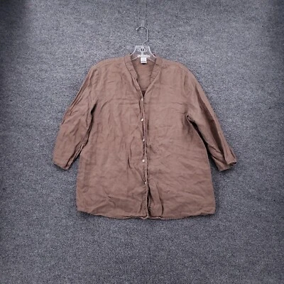 Jillian Jones Button Up Shirt Womens Large Brown Linen 3/4 Sleeve Top Band Neck - Image 1 of 4