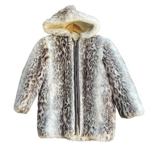 Vintage Faux Fur Hooded Coat Kids Size 7 Animal Print Mid-Length - Picture 1 of 4