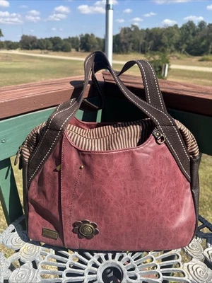 Chala Bowling Zip Shoulder Bag Dusty Rose Flower Emblem Large Tote - Image 1 of 4
