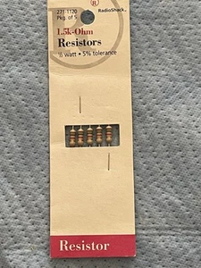 Radio Shack Resistors, 1.5k-ohm, 1/2 watt, 5% Tolerance, 271-1120, pkg. of 5 - Picture 1 of 5