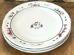 SNOW VILLAGE Set of 3 Dinner Plates 11" Pfaltzgraff Christmas Snowman Tree - Picture 1 of 7