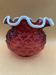 Fenton Vase Cranberry Glass Jacqueline Pattern Ruffled Edge White Crest Signed - Picture 1 of 7