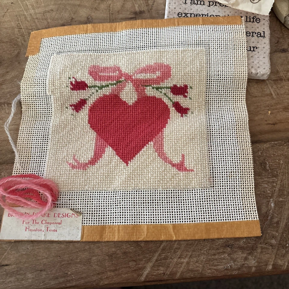 Heart Ribbon And Floral Almost Completed Needlepoint Canvas Brown-Peake Designs - Image 1 of 4