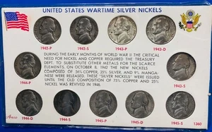 US WARTIME SILVER NICKELS SET COMPLETE ~~ 11 COINS in DISPLAY CARD - Picture 1 of 2