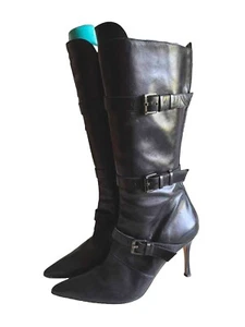 MANOLO BLAHNIK Moto Black Leather Triple BuckledStrap Tall Hi-Heel Boots 40 1-2 - Picture 1 of 10