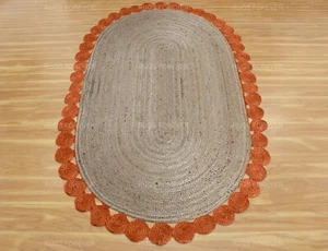 Oval Scalloped Rug Natural Jute Carpets Handmade Blue Living Room Area Rugs 3x5 - Picture 1 of 43