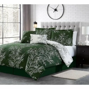 Hunter Green White Nature Tree Branches Leaf 6 pc Comforter Set Queen King Bed - Picture 1 of 2