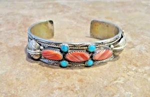 JOYFUL Vintage Navajo Sterling Silver SPINY OYSTER TURQUOISE Applique Bracelet - Picture 1 of 14