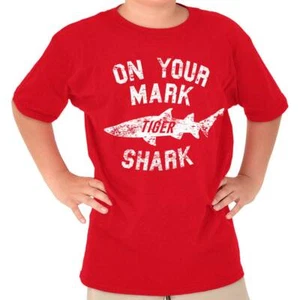On Your Mark Tiger Shark Graphic Edgy Gift Boys Kids Youth Crew T Shirts - Picture 1 of 6