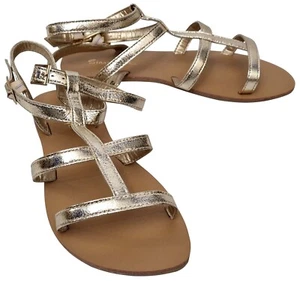 SIMPLY BE Ladies Gold Strappy Flat Sandal Gladiator Style Shoes UK 4 Ex Wide - Picture 1 of 7