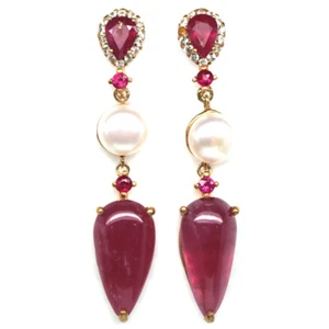 Pendientes De Rubí Rosa, Perla Y Circonita De Plata Esterlina 925 9 X 19 Mm - Imagen 1 de 4