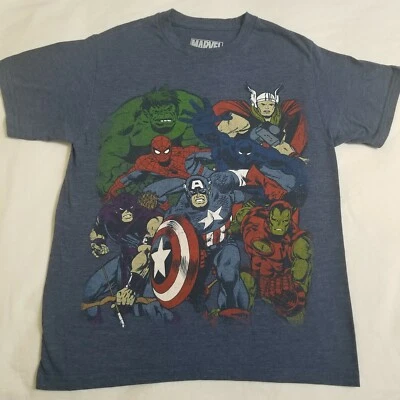 Boys Marvel T-shirt Size Medium Blue Avengers Spider-man Hulk Iron Man Thor Soft - Image 1 of 4