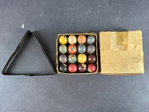 Toy Billiard Ball Pool Cue Triangle Rack Box Set Miniature 16 Table Top Vintage - Picture 1 of 5