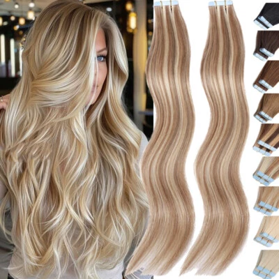 Thick Tape in Russian Remy Human Hair Extensions Invisible Skin Weft 100g Blonde - image 1 of 4