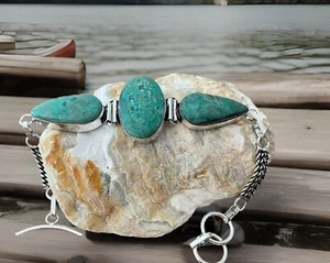 Chrysocolla Gemstone bracelet 21.5cm Long- Sterling Silver 925 Plated-Brand New - Picture 1 of 4