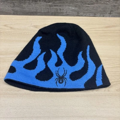 Spyder Hat Beanie Fitted One Size Black Blue Flame Spider Logo Mens Winter Ski - Image 1 of 4